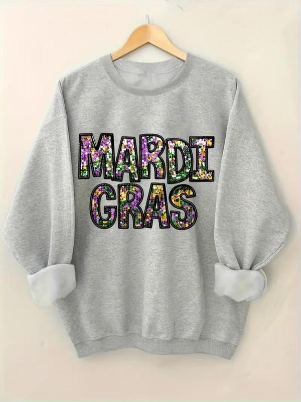 Women'WB shield Letter Print Drop Shoulder Sweatshirt, Casual Long Sleeve Round Neck Pullover for Fall & Winter, Ladies...