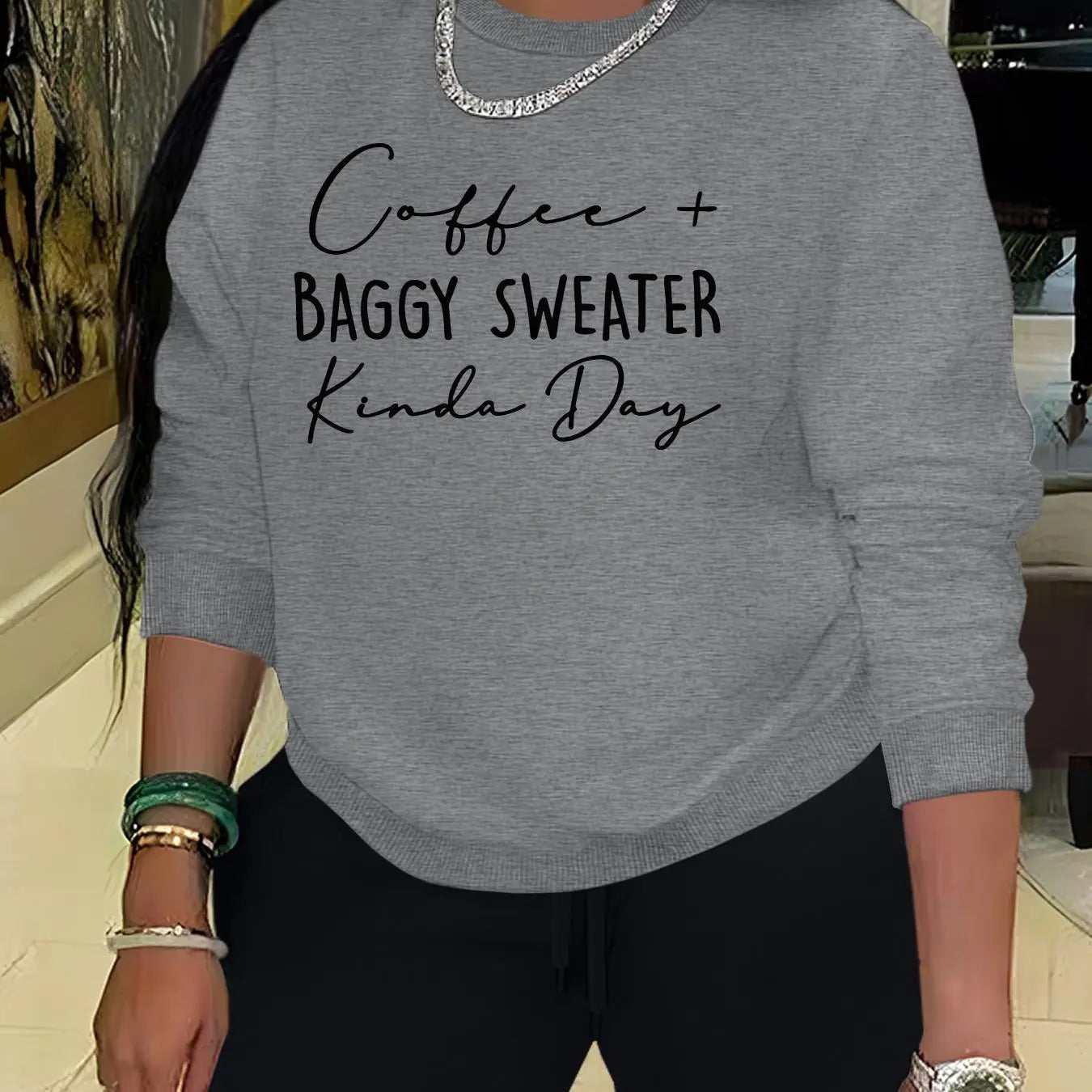 Women'WB shield Letter Print Drop Shoulder Sweatshirt, Casual Long Sleeve Round Neck Pullover for Fall & Winter, Ladies...
