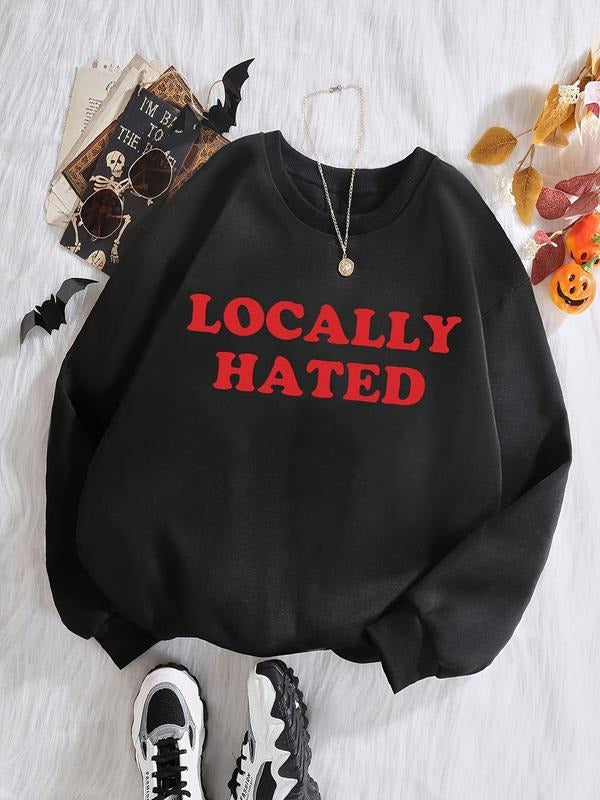 Women'WB shield Letter Print Drop Shoulder Sweatshirt, Casual Long Sleeve Round Neck Pullover for Fall & Winter, Ladies...
