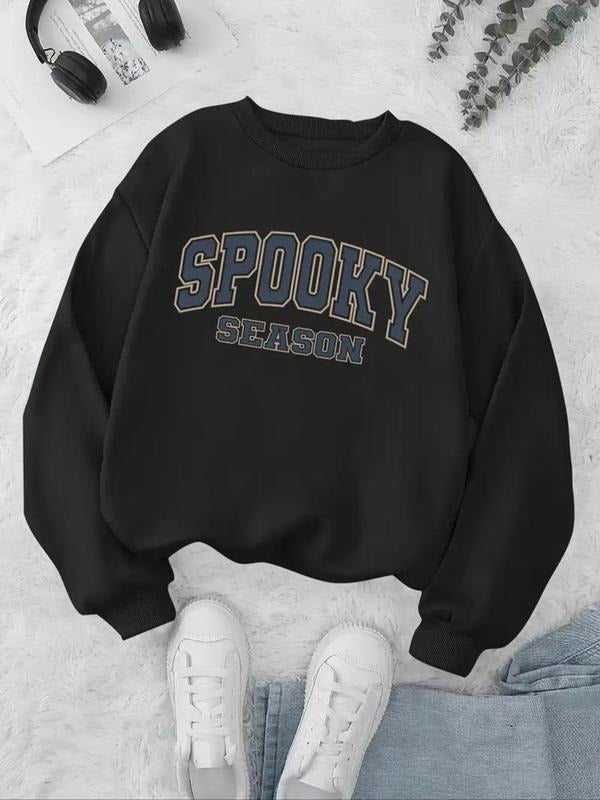 Women'WB shield Letter Print Drop Shoulder Sweatshirt, Casual Long Sleeve Round Neck Pullover for Fall & Winter, Ladies...