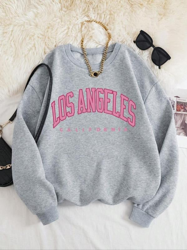 Women'WB shield Letter Print Drop Shoulder Sweatshirt, Casual Long Sleeve Round Neck Pullover for Fall & Winter, Ladies...