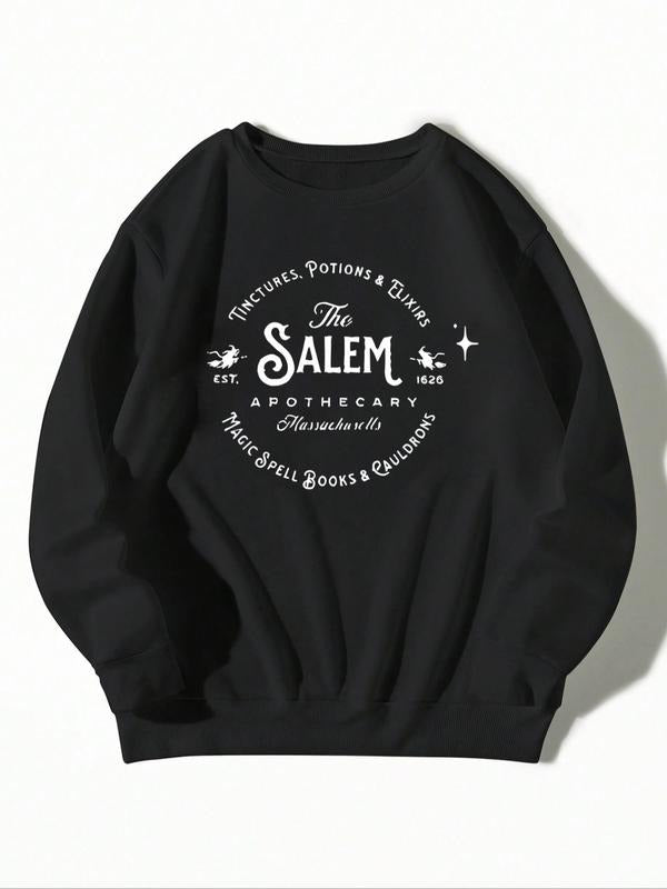 Women'WB shield Letter Print Drop Shoulder Sweatshirt, Casual Long Sleeve Round Neck Pullover for Fall & Winter, Ladies...