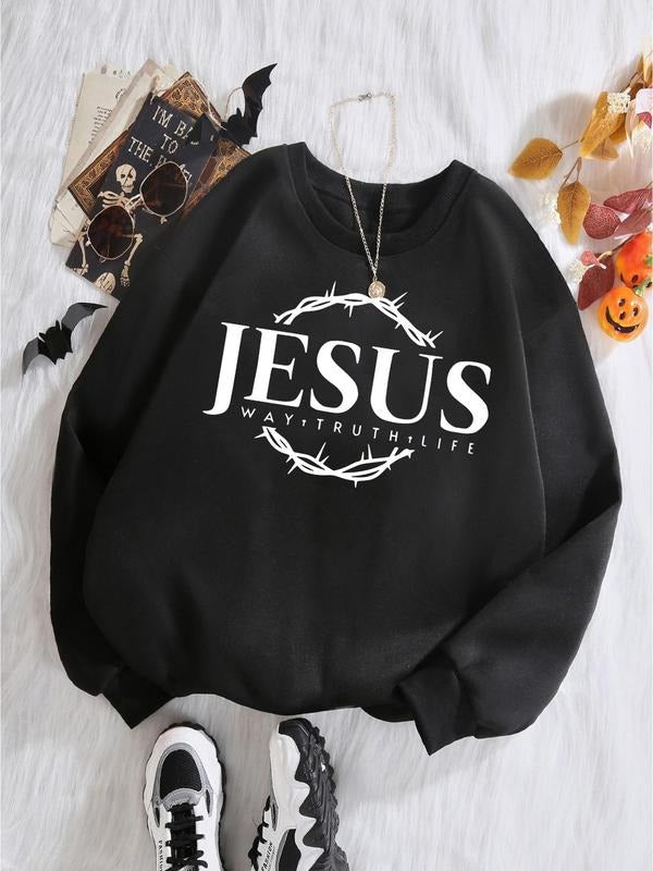 Women'WB shield Letter Print Drop Shoulder Sweatshirt, Casual Long Sleeve Round Neck Pullover for Fall & Winter, Women'WB...