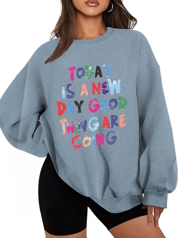 Women'WB shield Letter Print Drop Shoulder Sweatshirt, Casual Long Sleeve Round Neck Pullover for Fall & Winter, Women'WB...