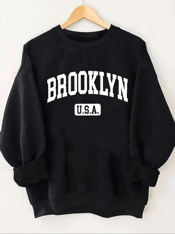 Women'WB shield Letter Print Drop Shoulder Sweatshirt, Casual Long Sleeve Round Neck Pullover for Fall & Winter, Women'WB...