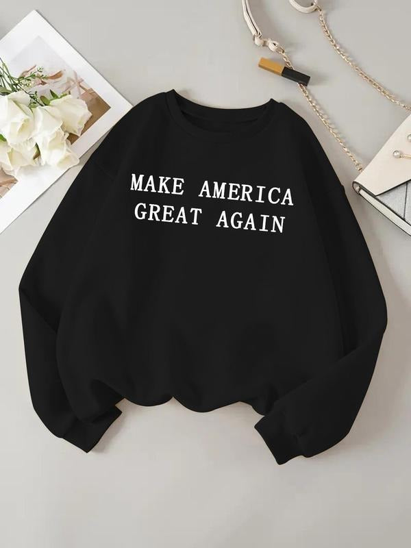 Women'WB shield Letter Print Drop Shoulder Sweatshirt, Casual Long Sleeve Round Neck Pullover for Fall & Winter, Women'WB...