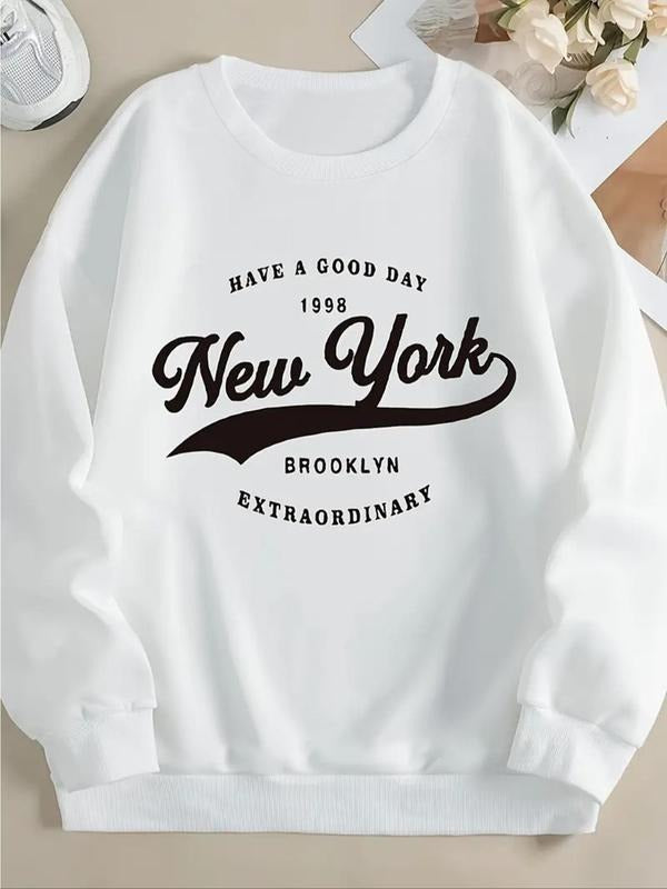 Women'WB shield Letter Print Drop Shoulder Sweatshirt, Casual Long Sleeve Round Neck Pullover for Fall & Winter, Women'WB...