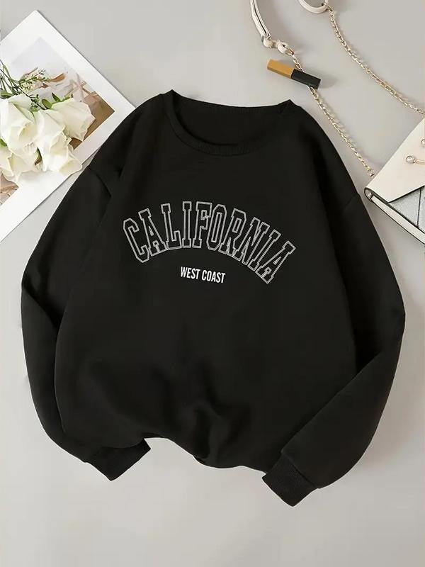 Women'WB shield Letter Print Drop Shoulder TNF Lined Sweatshirt, Casual Long Sleeve Round Neck Pullover for Fall &...