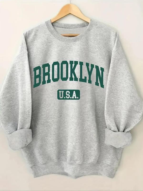 Women'WB shield Letter Print Drop Shoulder TNF Lined Sweatshirt, Casual Long Sleeve Round Neck Pullover for Fall &...