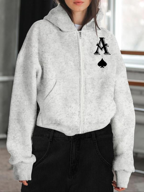 Women'WB shield Letter Print Drop Shoulder Zip Up Hoodie, Fashion Casual Pocket Hooded Sweatshirt for Daily Holiday...
