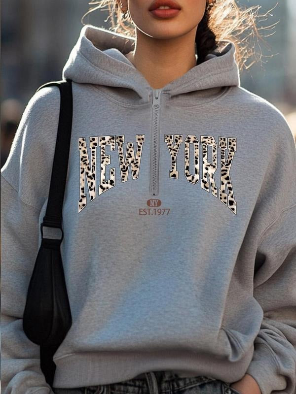 Women'WB shield Letter Print Drop Shoulder Zip Up Hoodie, Fashion Casual Slogan Hooded Sweatshirt for Daily Holiday Outdoor Wear, Women Clothing for Fall & Winter