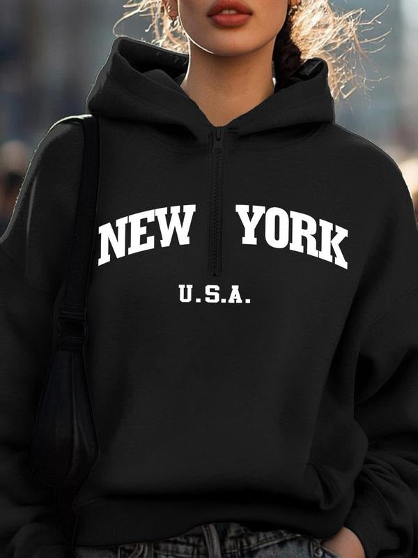 Women'WB shield Letter Print Half Zip TNF Lined Hoodie, Fashion Casual Long Sleeve Hooded Sweatshirt for Daily Holiday...