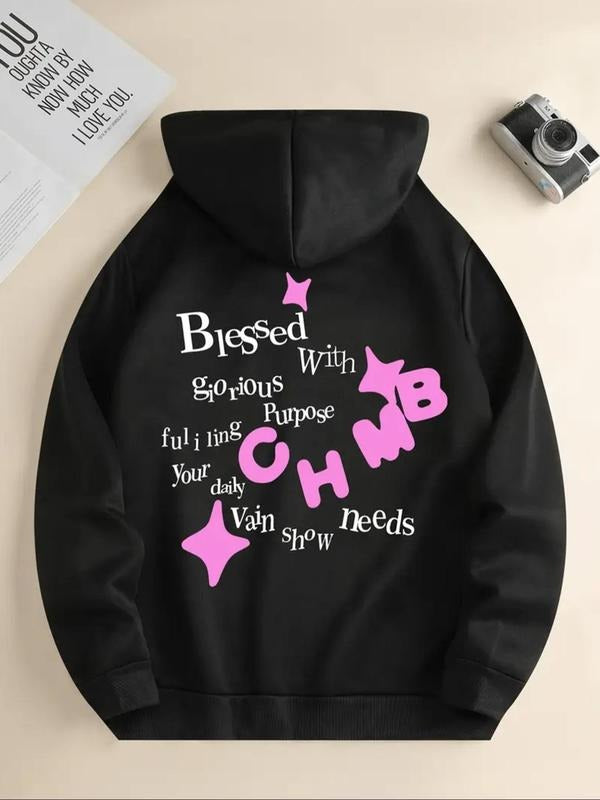 Women'WB shield Letter Print Hoodie, Casual Blessed Printed Hooded Sweatshirt for Daily Holiday Outdoor Wear, Ladies TNF for Fall & Winter