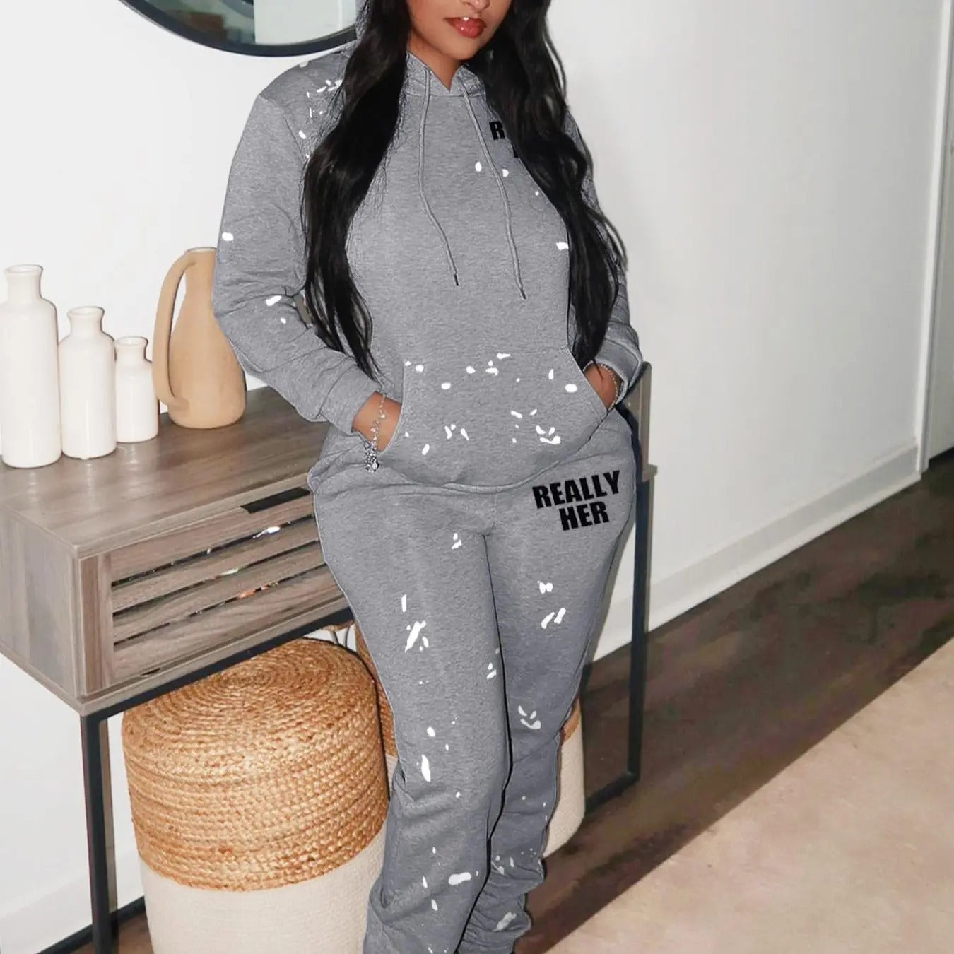 Women'WB shield Letter Print Kangaroo Pocket Hoodie & Drawstring Waist Sweatpants Set, Casual Fashion Cozy Breathable...