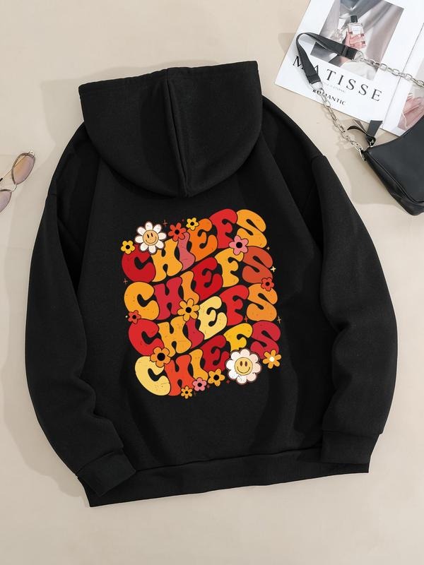 Women'WB shield Letter Print Kangaroo Pocket Hoodie, Fashion Casual Hooded Sweatshirt for Daily Holiday Outdoor Wear,...