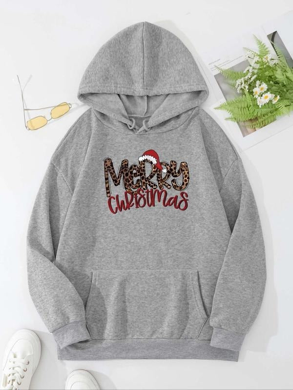 Women'WB shield Letter Print Merry Christmas Hoodie, Casual Long Sleeve Drawstring Pocket Hooded Sweatshirt for Fall &...