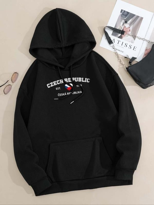 Women'WB shield Letter Print Pocket Hoodie, Casual Long Sleeve Drawstring Hooded Sweatshirt for Fall & Winter, Women'WB...
