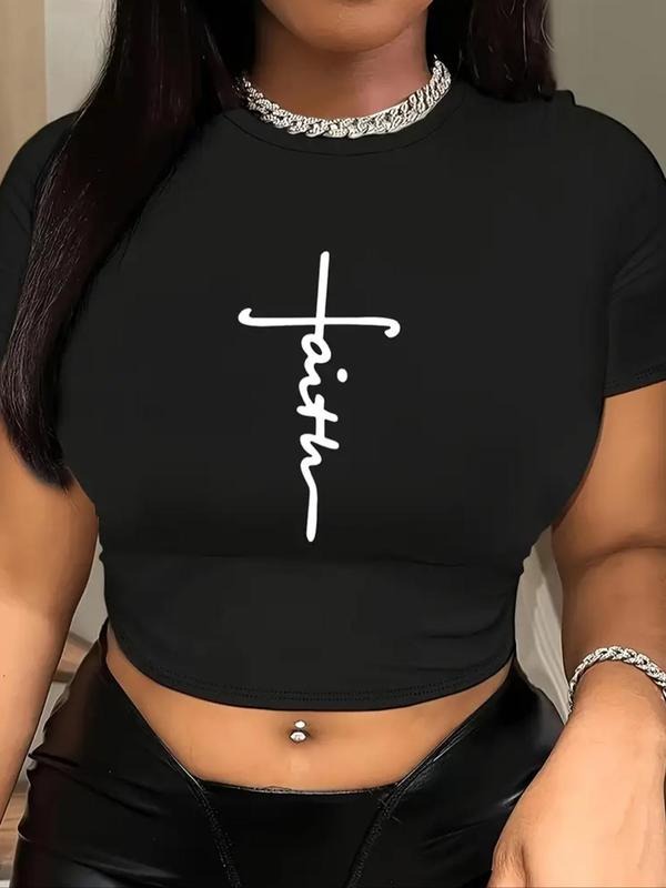 Women'WB shield Letter Print Round Neck Crop Tee, Casual Short Sleeve Crew Neck T-Shirt for Summer, Fashion Women'WB...