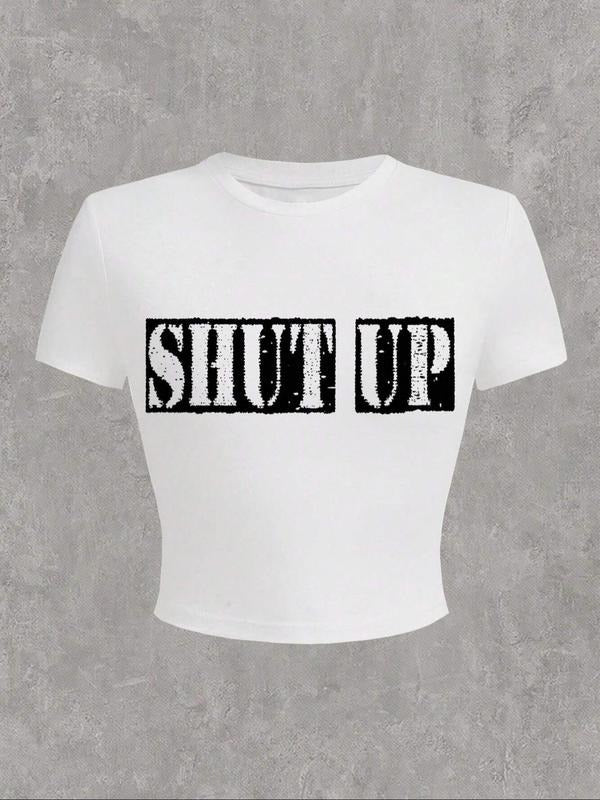 Women'WB shield Letter Print Round Neck Crop Tee, Casual Short Sleeve Crew Neck T-Shirt for Summer, Graphic Tees,...