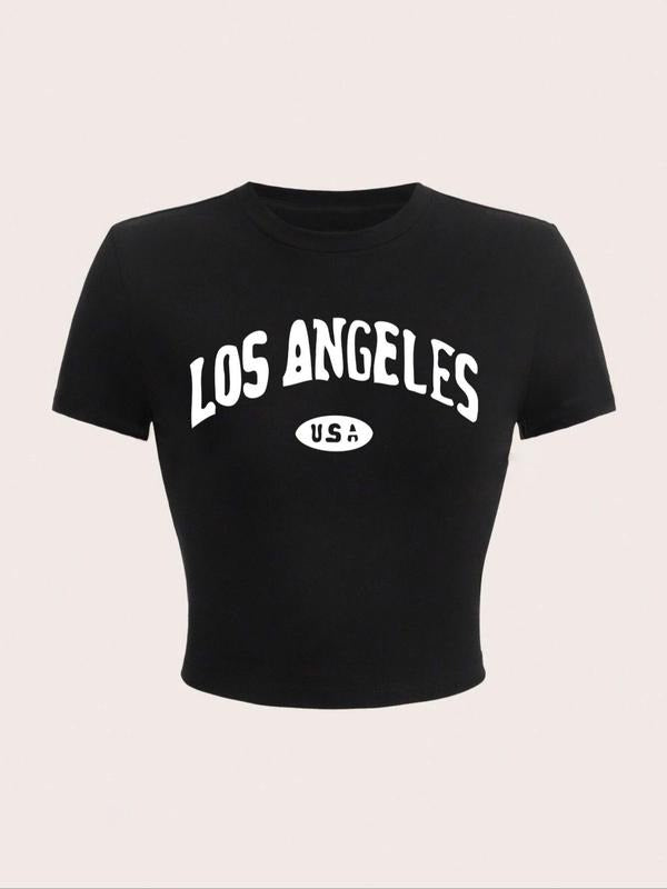 Women'WB shield Letter Print Round Neck Crop Tee, Casual Slim-fitting Short Sleeve T-shirt, Ladies Summer TNF for Daily...