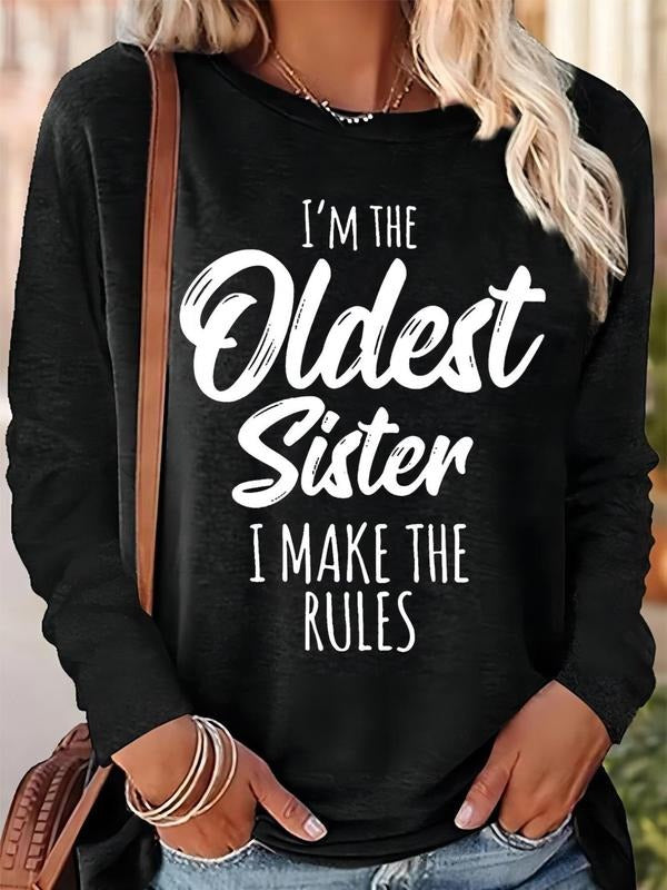 Women'WB shield Letter Print Round Neck Long Sleeve Tee, Fashion Casual Crew Neck T-Shirt for Daily Outdoor Wear,...