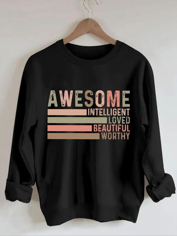 Women'WB shield Letter Print Round Neck Sweatshirt, Casual Long Sleeve Crew Neck Pullover for Fall & Winter, Women'WB...