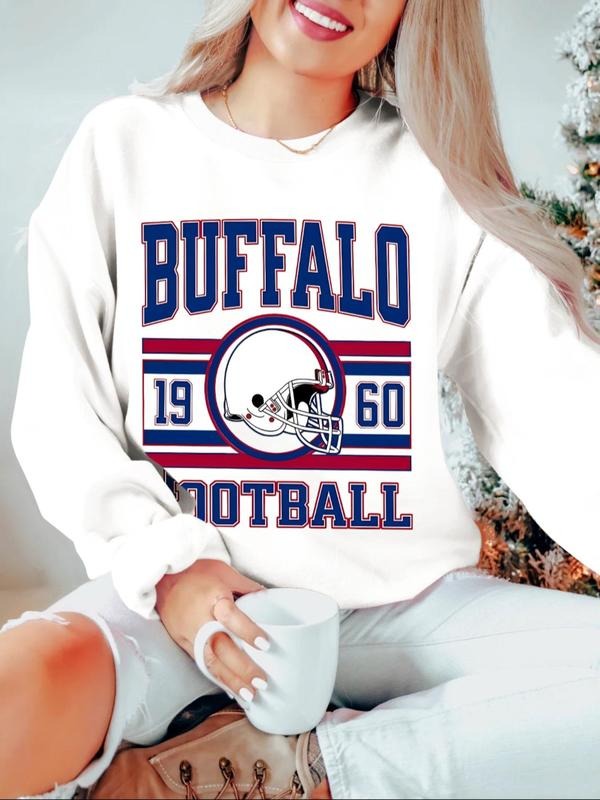 Women'WB shield Letter Print Round Neck Sweatshirt, Casual Long Sleeve Crew Neck Pullover for Spring & Fall, Fashion...