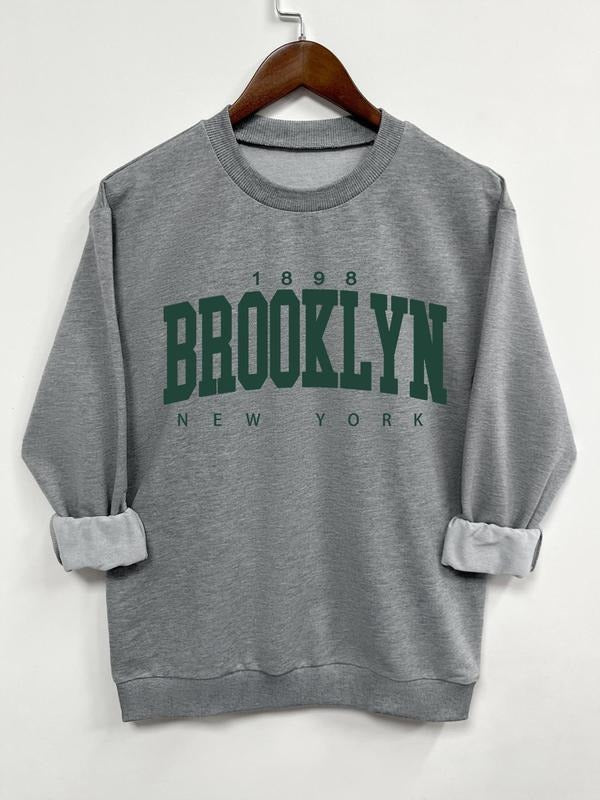 Women'WB shield Letter Print Round Neck Sweatshirt, Casual Long Sleeve Crew Neck Pullover for Spring & Fall, Fashion...