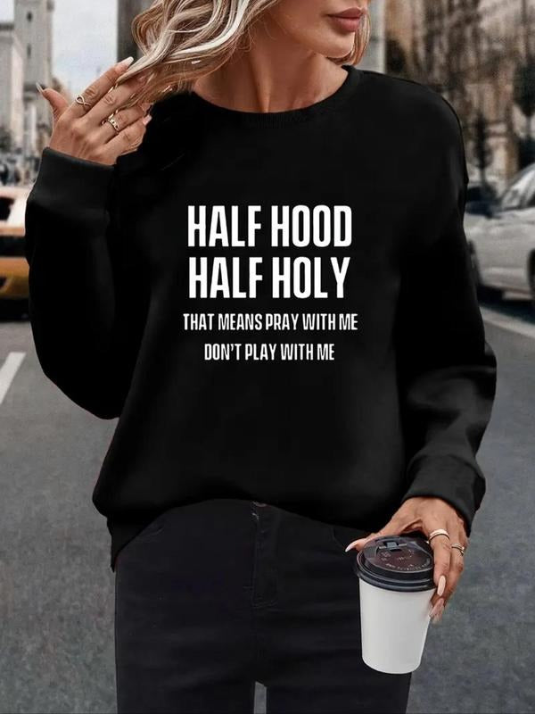 Women'WB shield Letter Print Round Neck Sweatshirt, Casual Long Sleeve Pullover for Fall & Winter, Women'WB shield TNF...
