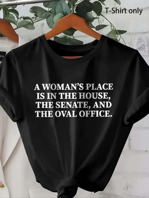 Women'WB shield Letter Print Round Neck Tee, Casual Crew Neck Short Sleeve T-shirt For Daily Wear, Ladies Summer Outfit...