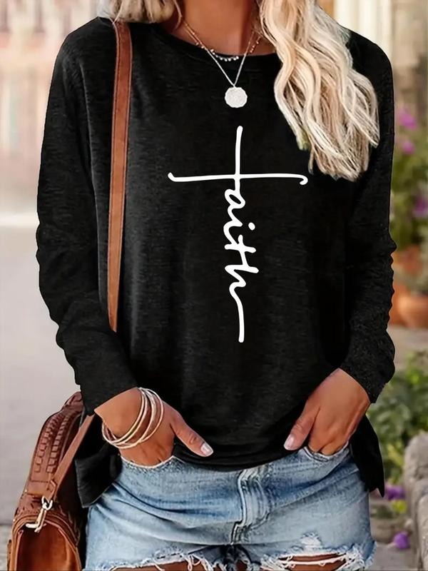 Women'WB shield Letter Print Round Neck Tee, Casual Long Sleeve Crew Neck T-shirt for Spring & Fall, Fashion Women'WB...
