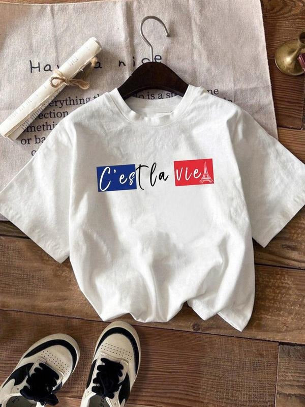 Women'WB shield Letter Print Round Neck Tee, Casual Short Sleeve Crew Neck T-Shirt for Summer & Spring, Fashion Women'WB...