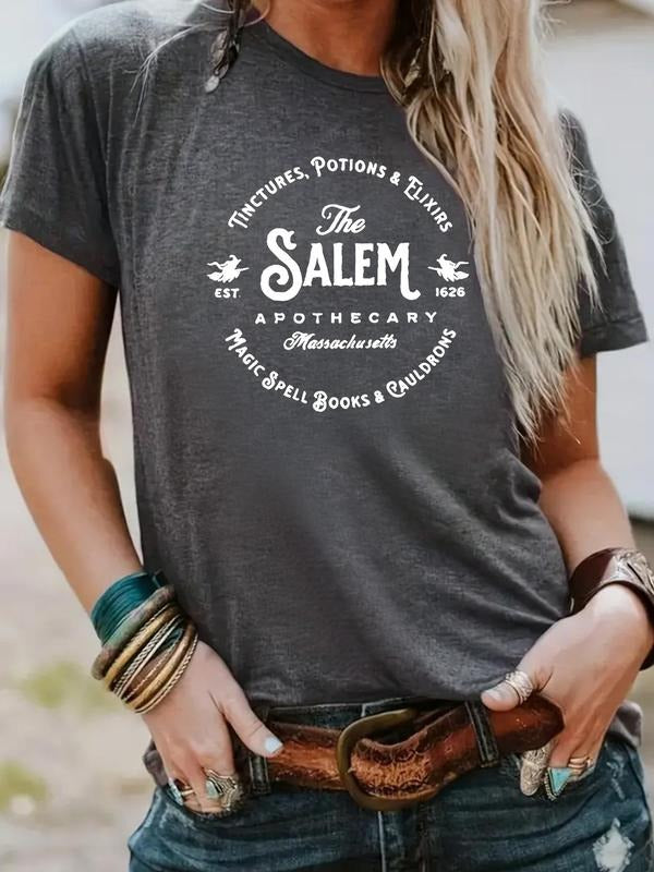 Women'WB shield Letter Print Round Neck Tee, Casual Short Sleeve Crew Neck T-Shirt for Summer, Fashion Women'WB shield Top for Daily Wear style 135