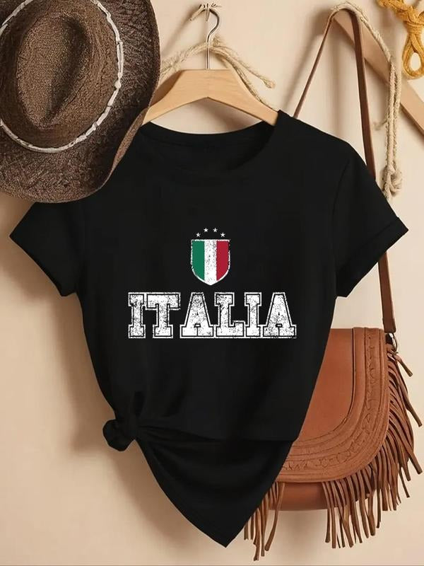 Women'WB shield Letter Print Round Neck Tee, Casual Short Sleeve Crew Neck T-shirt for Spiky hair fighters Seasons,...