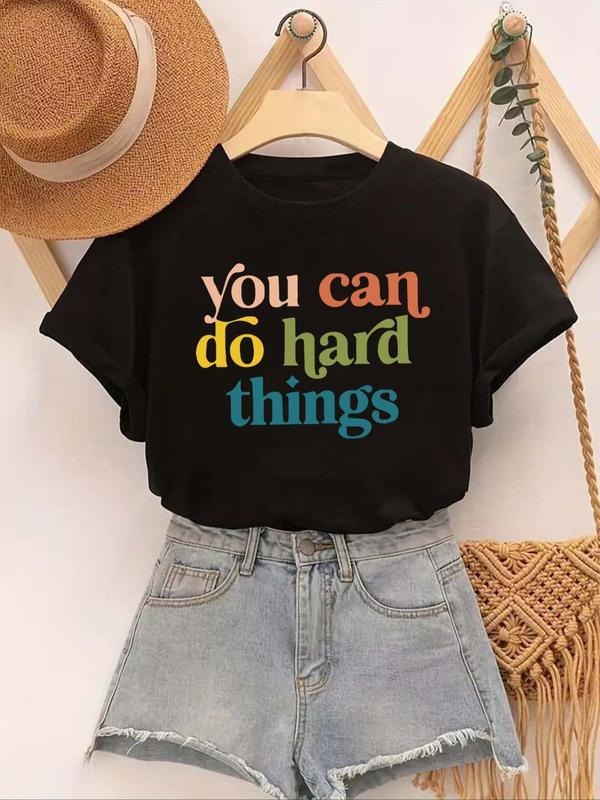 Women'WB shield Letter Print Round Neck Tee, Casual Short Sleeve Graphic T-shirt, Ladies Summer Outfit for Daily Wear...