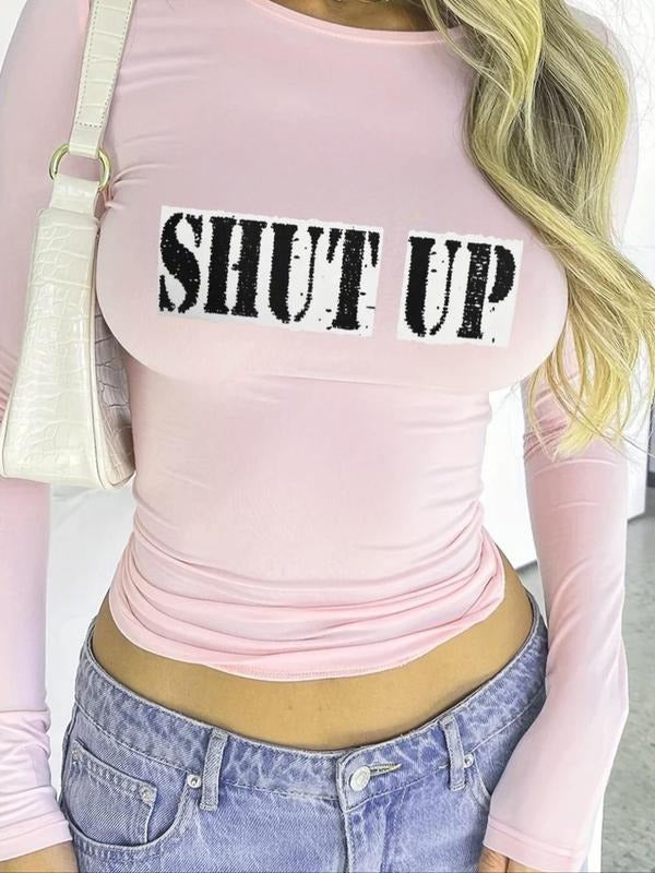 Women'WB shield Letter Print Round Neck Tee, Casual Slim-fitting Long Sleeve T-shirt for Spring & Fall, Women'WB shield...