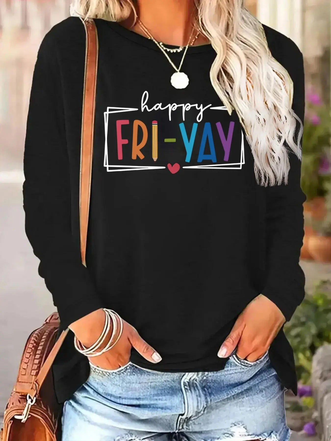Women'WB shield Letter Print Round Neck Tee, Fashion Casual Crew Neck Long Sleeve T-shirt for Daily Holiday Vacation...
