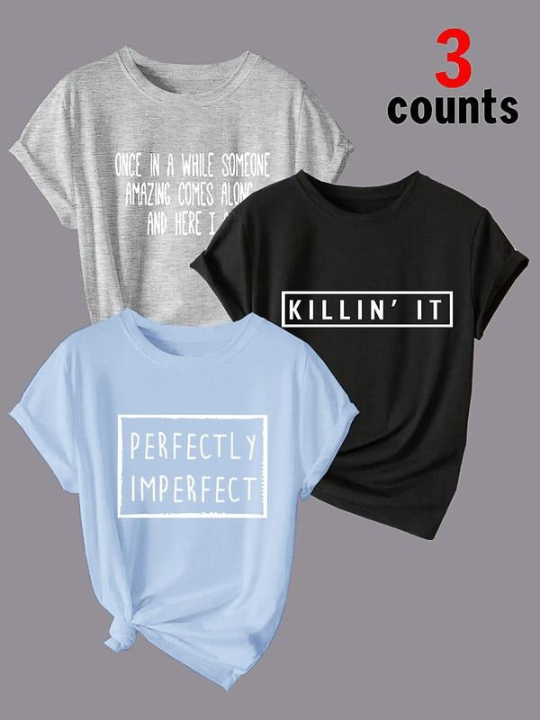 Women'WB shield Letter Print Round Neck Tee, Fashion Casual Crew Neck T-Shirt for Daily Holiday Vacation Outdoor Wear,...