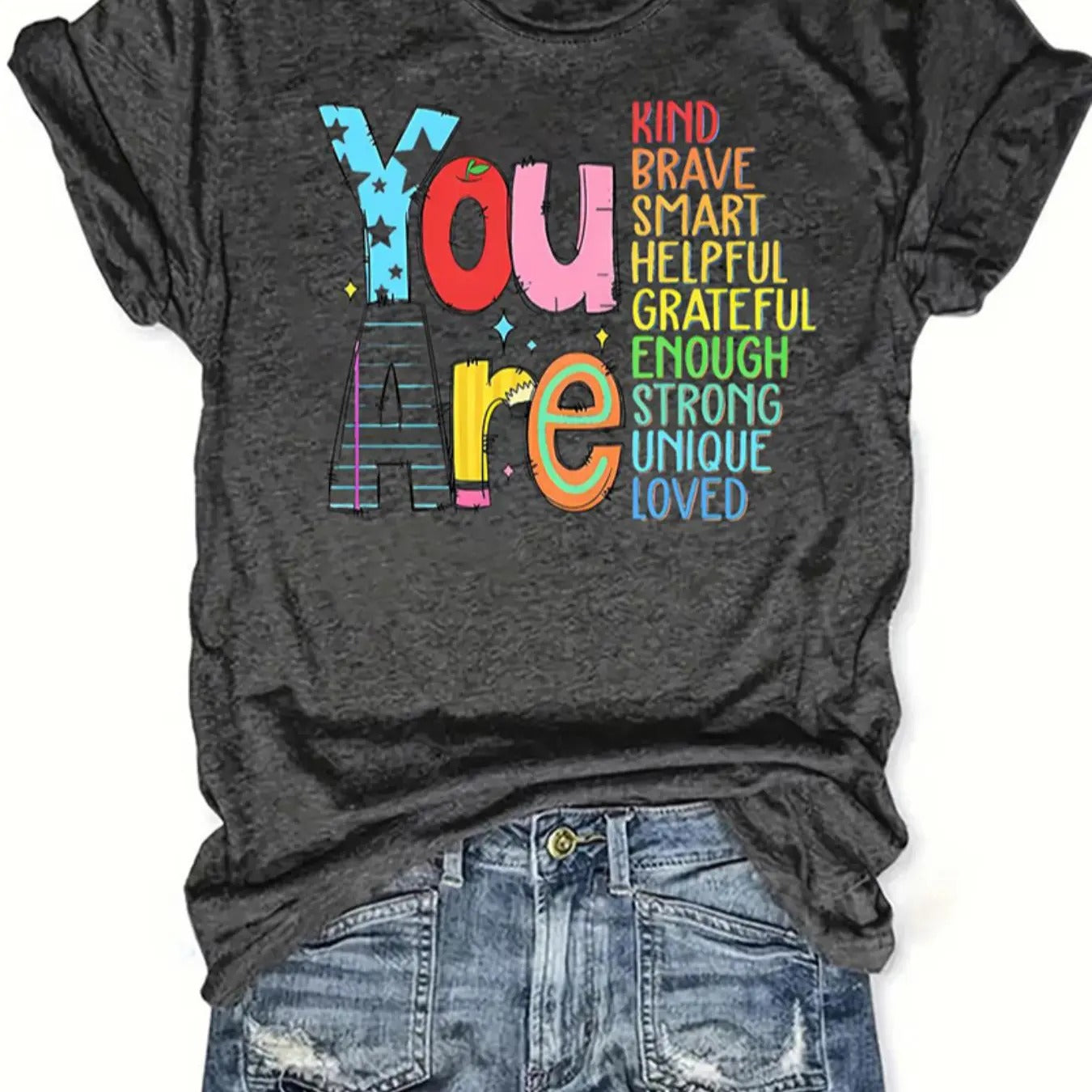 Women'WB shield Letter Print Round Neck Tee, Fashion Casual Crew Neck T-Shirt for Daily Holiday Vacation Outdoor Wear,...