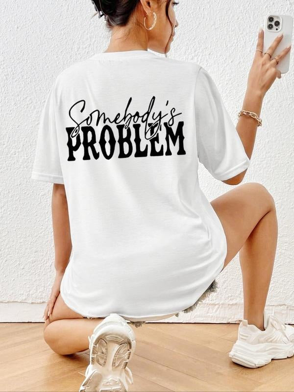 Women'WB shield Letter Print Round Neck Tee, Fashion Casual Crew Neck T-shirt for Daily Holiday Vacation Outdoor Wear,...