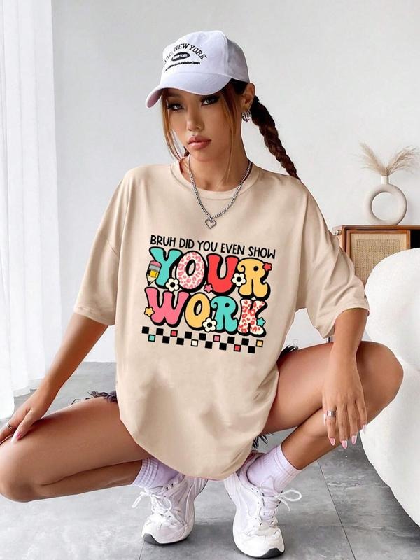 Women'WB shield Letter Print Round Neck Tee, Fashion Casual Graphic Drop Shoulder Half Sleeve T-Shirt for Daily Wear,...
