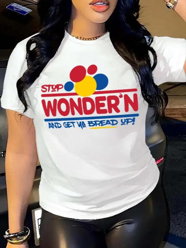 Women'WB shield Letter Print Round Neck Tee, Vintage Trendy Casual Short Sleeve T-shirt for Daily Wear, Ladies Spiky hair fighters Seasons Outfit Birthday Gifts