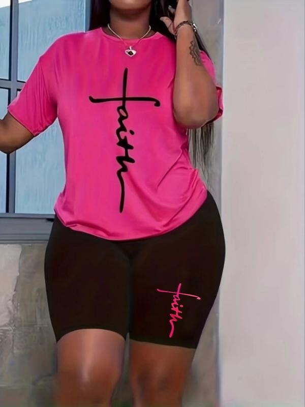 Women'WB shield Letter Print Shorts Set, Casual Short Sleeve T-Shirt & Track Shorts, Women'WB shield Clothing for Indoor...