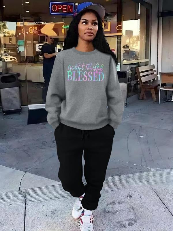 Women'WB shield Letter Print Sweatshirt & Pocket Sweatpants Set, Casual Long Sleeve Round Neck Pullover & Jogger Pants,...
