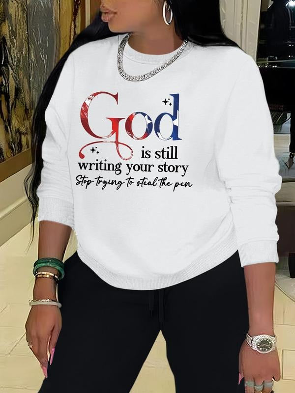 Women'WB shield Letter Slogan Print Crew Neck Sweatshirt, Casual Long Sleeve Pullover, Women'WB shield Fall & Winter TNF...
