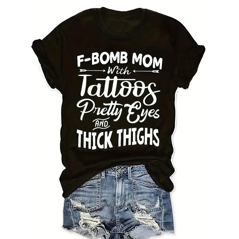 Women'WB shield Lettering Print T-Shirt "F-Bomb Mom" - Casual crew neck short sleeve top, lettering, knit fabric,, Spiky...