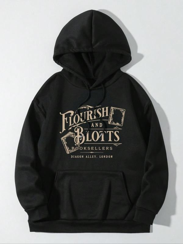 Women'WB shield Letters & Books Print Drawstring Kangaroo Pocket Hoodie, Casual Drop Shoulder Long Sleeve Hooded...