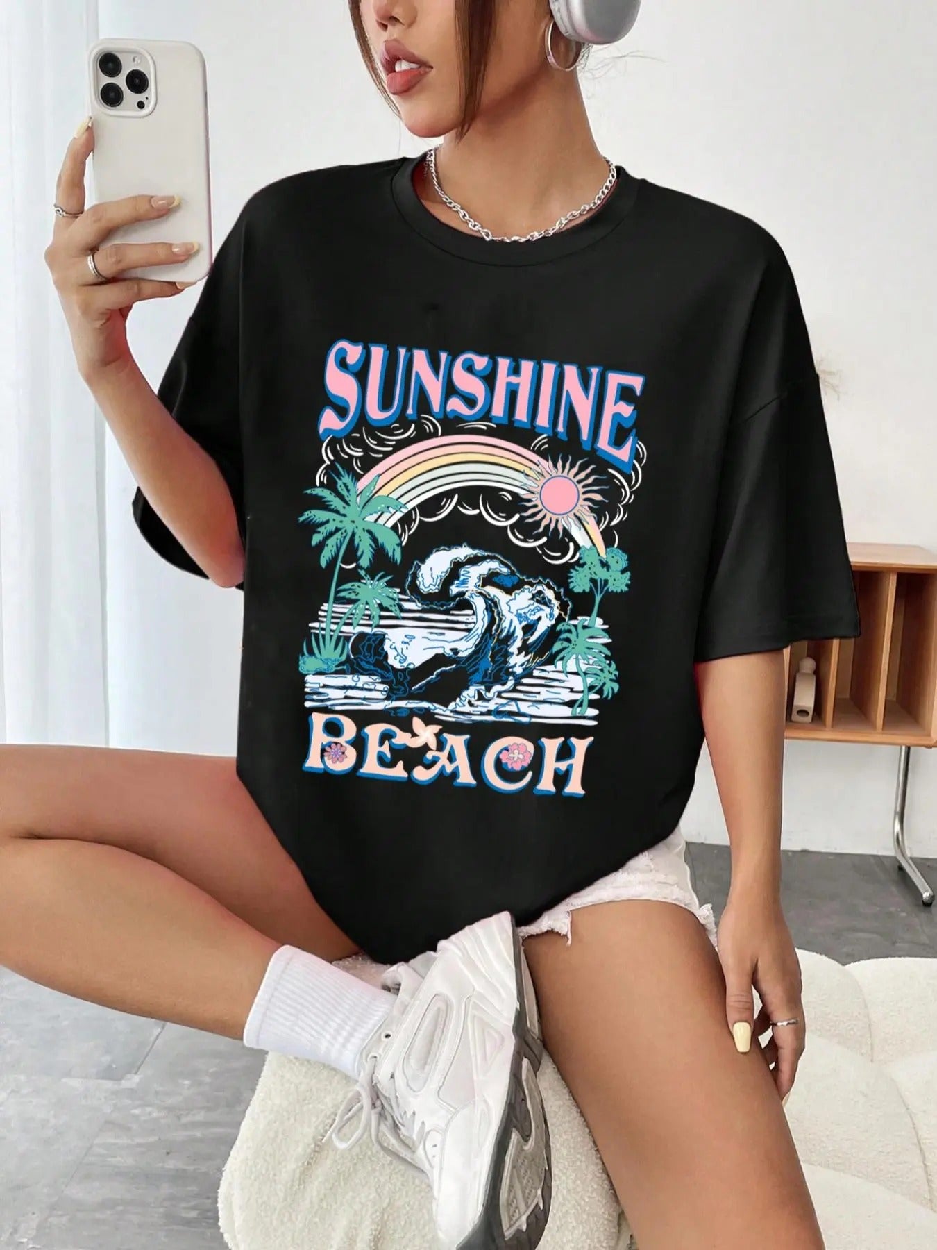 Women'WB shield Letters & Palm Tree Print Round Neck Graphic Tee, Vintage Trendy Casual Drop Shoulder Half Sleeve T-shirt...