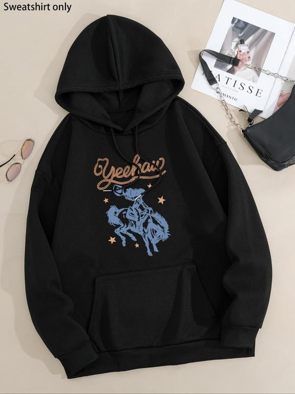 Women'WB shield Letters Print Drop Shoulder Hoodie, Fashion Casual Drawstring Kangaroo Pocket Hooded Sweatshirt for Daily...