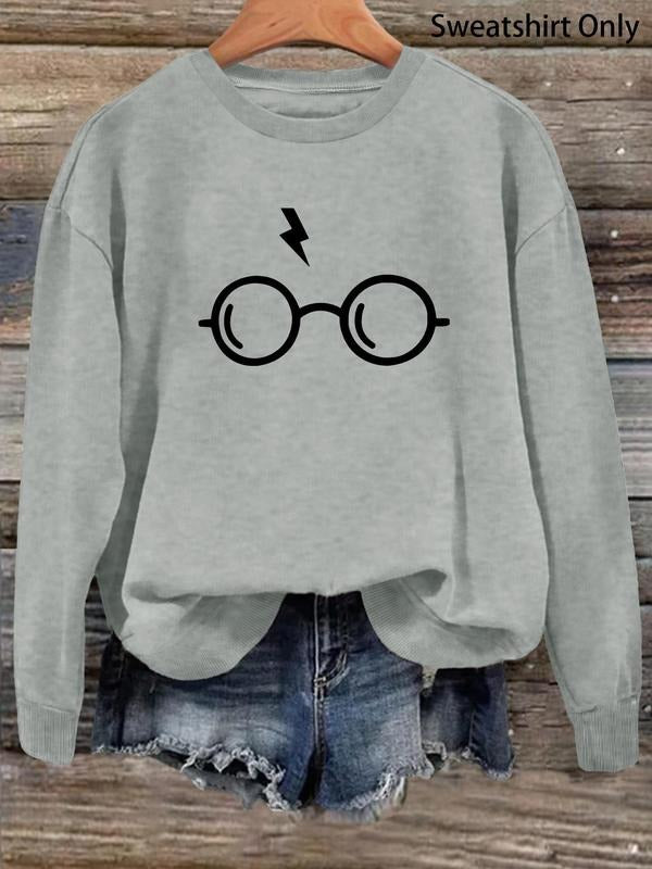 Women'WB shield Lightning Glasses Print Round Neck Sweatshirt, Casual Fashion Drop Shoulder Long Sleeve Pullover for...